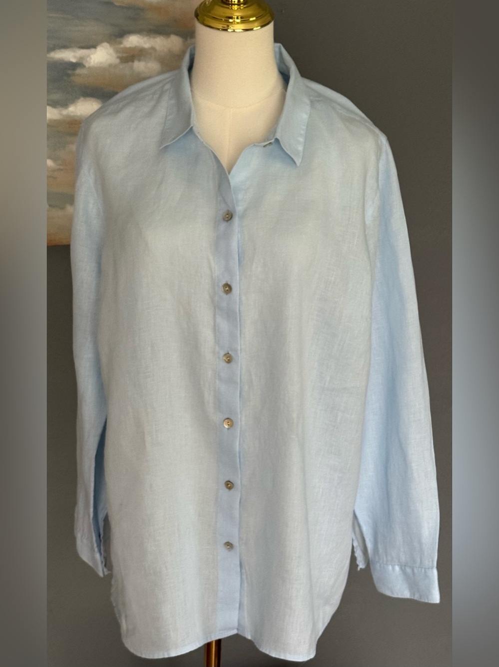 J JILL Top Womens Size LARGE Love Linen Blue Long Sleeve Button Up Lightweight